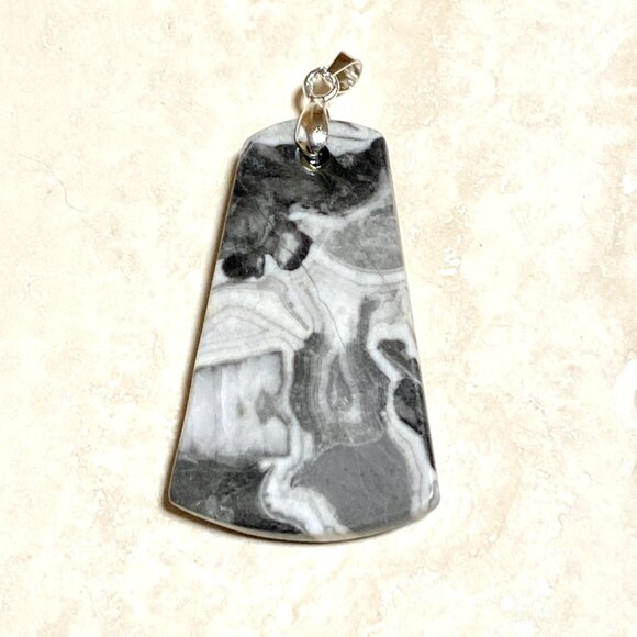 Natural Black & White Agate Pendant, Large Genuine Gemstone Pendant - Picture 2 of 10